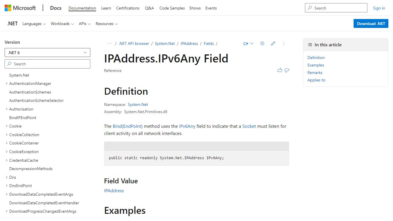 IPAddress.IPv6Any Field (System.Net) | Microsoft Docs